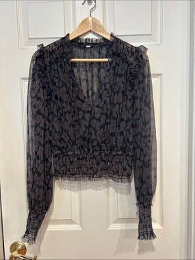 Free People Sheer Black Blouse with Brown Leaf Print